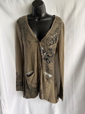 Miss Me, M, Cardigan Olive/Black Sequins, asymmetrical, wool blend, 19”PTP, 27”L